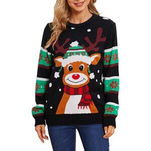 Women Black Christmas Tree Ugly Pullover Snowflake Long Sleeve Sweater Shirt
